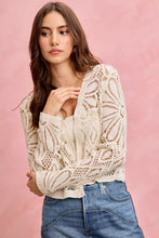 Cream-colored crochet knit long sleeves cardigan sweater with floral lace