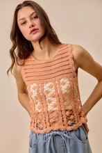 Peach-colored crochet knitted lace sleeveless top with intricate floral patterns and scalloped hem from SO ME