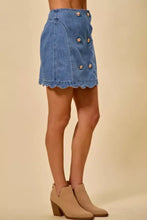 Blue denim scalloped buttoned mini skirt with gold-toned buttons and scalloped hem by so me denim skirt