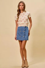 Blue denim scalloped buttoned mini skirt with three gold-toned buttons and scalloped hem by SO ME Denim