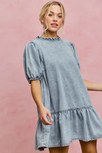 So me denim short sleeves mini tiered dress in light wash denim with puffed sleeves and ruffled hem