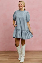 Light wash denim dress with puffed sleeves and tiered hem in the SO ME Denim short sleeves mini tiered dress style
