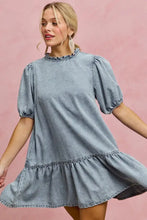 So me denim short sleeves mini tiered dress in light wash denim with puffed sleeves and ruffled hem