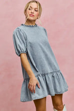 So me denim short sleeves mini tiered dress in light wash denim with puffed sleeves and ruffled hem
