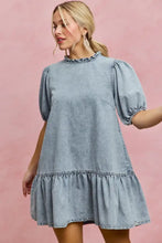 So me denim short sleeves mini tiered dress in light wash denim with puffed sleeves and ruffled hem