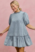 Light wash denim dress with puffed sleeves and tiered skirt in short sleeves mini design by so me denim