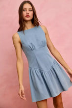 So Me Fit And Flare sleeveless light blue denim mini dress with a fitted bodice and flared skirt