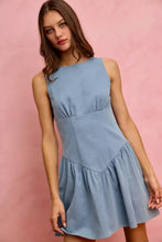 So Me fit and flare sleeveless denim mini dress in light blue with a fitted bodice and flared skirt