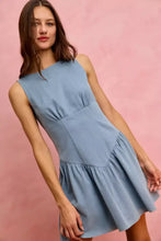 So me fit and flare sleeveless denim mini dress in light blue with fitted bodice and flared skirt design