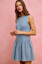 A soft light blue sleeveless denim mini dress with gathered waist and flared skirt from so me fit and flare collection