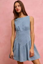 So me fit and flare sleeveless denim mini dress in light blue with fitted bodice and flared skirt design