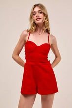 Vibrant red SO ME game day romper with fitted open back lace up detail, machine wash cold