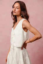 White eyelet lace tie front tiered mini skirt set with v-neckline