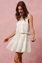 White eyelet lace tie front tiered mini skirt dress set