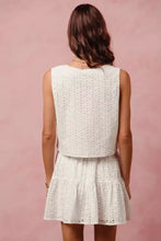 White eyelet lace tie front tiered mini skirt set