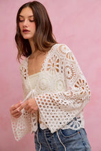White SO ME floral pattern crochet cardigan with lace and bell sleeves