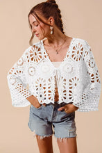 White floral pattern crochet cropped cardigan with bell sleeves