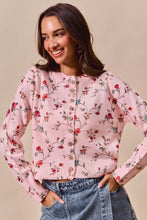 Pink floral print button sweater cardigan with rose patterns
