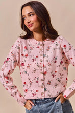Pink floral print button sweater cardigan with red green blossoms