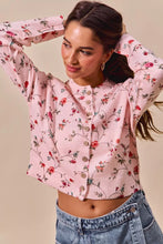 Pink floral print button front sweater cardigan top