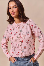 Pink floral print button sweater cardigan with long sleeves