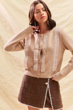 SO ME beige button cardigan sweater with front lace trim