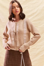 SO ME front lace trim button cardigan sweater in beige knit