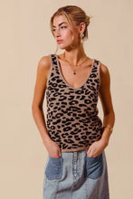 Beige and black leopard knitted lightweight v neck tank top by SO ME with a knit texture and sleeveless design