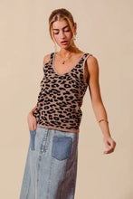 So me leopard knitted lightweight v neck tank top in tan and black leopard print knit fabric