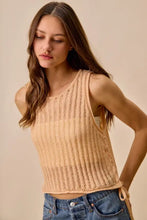 Beige ribbed knit low gauge pointelle sweater tank top with sleeveless crop design and side tie details