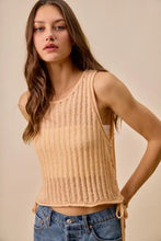 Beige low gauge pointelle ribbed knit sweater tank top with side ties in a lightweight crop design