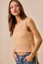 Beige ribbed knit low gauge sweater tank top with side tie details and lightweight low gauge pointelle fabric