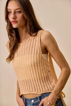 Beige ribbed knit sleeveless crop top with subtle textured pattern low gauge pointelle sweater tank top