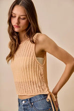Beige low gauge pointelle sweater tank sleeveless crop top with ribbed knit and tied side detail by so me