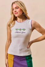 White sleeveless mardi gras tank top with purple contrast blanket stitch and colorful fleur-de-lis embroidery
