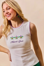 White sleeveless mardi gras tank top with embroidered fleur-de-lis and purple contrast blanket stitch neckline