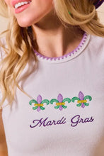 White ribbed mardi gras tank top with embroidered fleur-de-lis and purple scalloped neckline featuring contrast blanket stitch