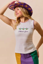 White sleeveless mardi gras tank top with embroidered fleur-de-lis and purple contrast blanket stitch trim