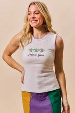 White sleeveless mardi gras tank top featuring embroidered fleur-de-lis and purple contrast blanket stitch trim