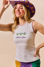 White sleeveless mardi gras tank top with purple trim featuring contrast blanket stitch and embroidered fleur-de-lis design