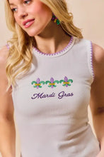 White ribbed sleeveless mardi gras tank top with purple green fleur-de-lis embroidery and contrast blanket stitch