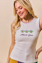 White ribbed tank top with embroidered mardi gras fleur de lis and purple contrast blanket stitch trim