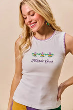 White sleeveless ribbed tank top with embroidered mardi gras fleur-de-lis, purple script, and contrast blanket stitch trim