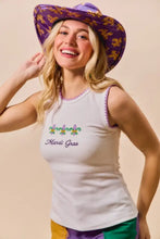 White sleeveless mardi gras tank top with purple contrast blanket stitch and embroidered fleur-de-lis design