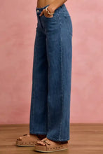 High-waisted blue mid rise stretch denim jeans with straight-leg cut and classic five-pocket design from SO ME