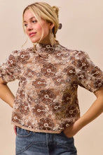 Beige lace blouse with high neckline and brown floral embroidery featuring a texture floral mesh design