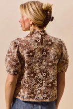 Brown floral lace blouse with puff sleeves and high neckline featuring texture floral mesh and back button closure