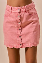 Pink denim mini skirt with vintage wash scalloped hem and silver buttons down the front by SO ME