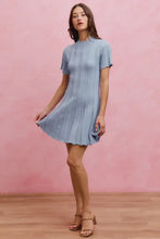 SO ME wide rib short sleeves sweater knit mini dress, light blue pleated flared skirt