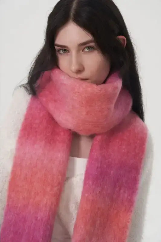 Soft fluffy pink magenta gradient thermal scarf with plush weave.
